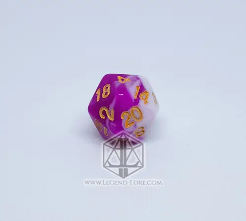 Single D20 from the Candy RPG dice set, swirled magenta pink and white with gold numbers, on a white background