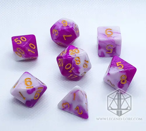 Candy RPG dice set of seven polyhedral dice in swirled magenta pink and white with gold numbers