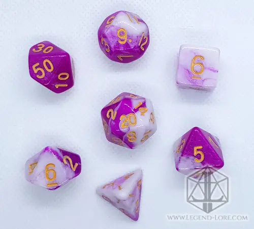 Candy RPG dice set of seven polyhedral dice in swirled magenta pink and white with gold numbers