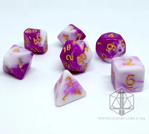 Candy RPG dice set: seven opaque polyhedral dice swirled magenta pink and white with gold numbers