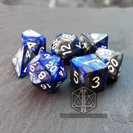 Celestial Dragon RPG dice set: seven blue and silver swirled polyhedral dice with white numbers on dark slate
