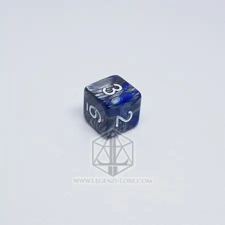 Celestial Dragon D6 die in swirled blue and silver with white numbers, from the RPG dice set, on a white background
