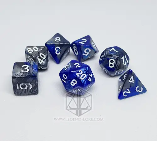 Celestial Dragon RPG dice set: seven polyhedral dice in swirled blue and silver with white numbers