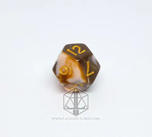 Single D12 from the Chocolate RPG dice set, swirled brown and cream with gold numbers, on a white background