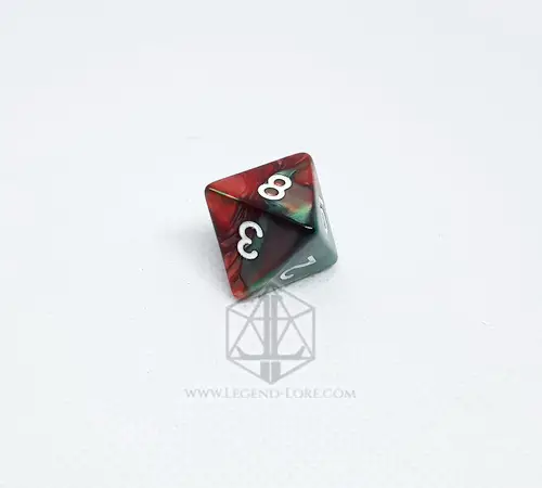 Single D8 from the Christmas RPG Dice Set in swirled red and green bicolor plastic with white numbers