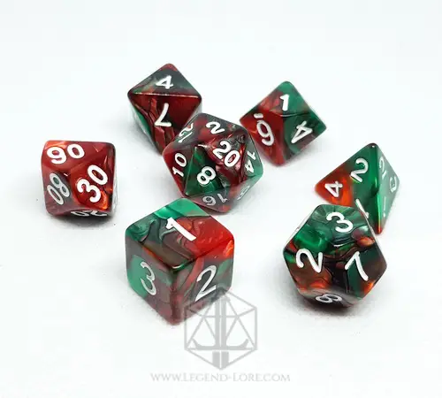 Christmas RPG Dice Set: seven polyhedral dice in swirled red and green with white numbers on a white background