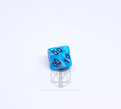 Single percentile D10 from the Cloud RPG Dice Set, swirled blue and white with black numbers 00, 10, 50