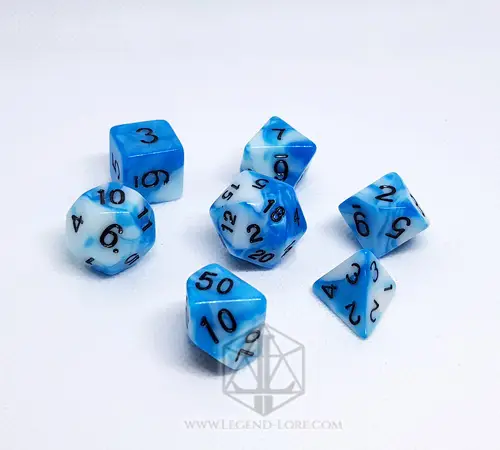 Cloud RPG dice set: seven opaque polyhedral dice swirled in blue and white with black numbers on a white surface