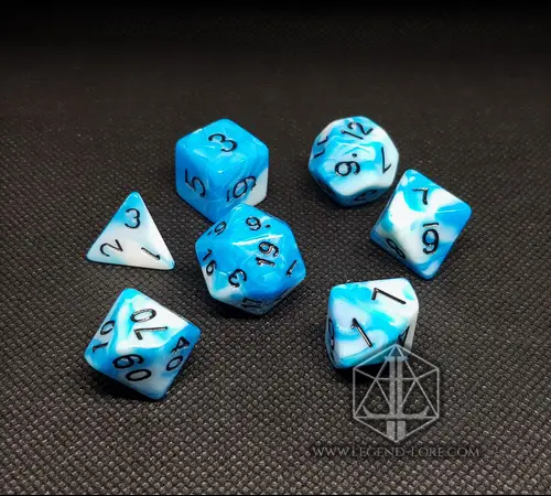 Cloud RPG dice set: seven polyhedral dice in swirled sky blue and white with black numbers on a dark textured surface
