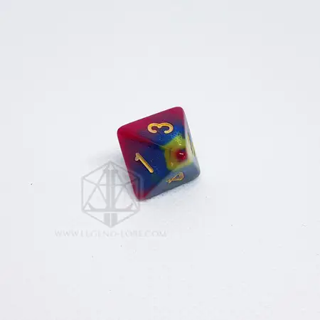 Distopia - RPG Dice Set 4 Single D8 from the Distopia dice set, swirled magenta, blue and yellow plastic with gold numbers on a white background