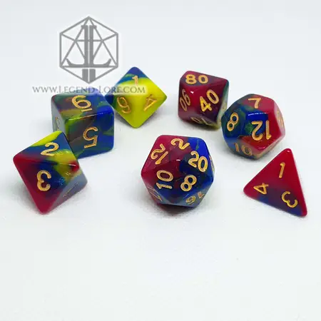 Distopia - RPG Dice Set 3 Distopia RPG dice set: seven polyhedral dice swirled in red, blue and yellow with gold numbers on a white background