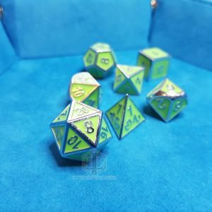 Fireflies Metal Engraved Polyhedral dice set glow in the dark silver green 1 DME028