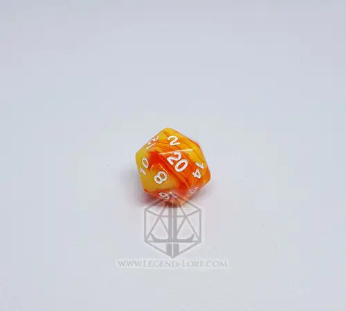 Flames D20 from the RPG dice set, swirled orange and yellow resin with white numbers on a white background