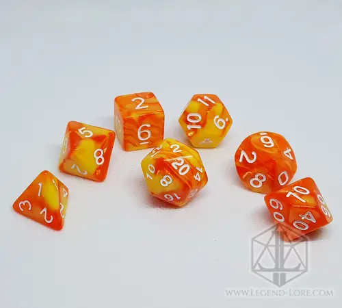 Flames RPG dice set: seven polyhedral dice in swirled orange and yellow with white numbers on a white surface