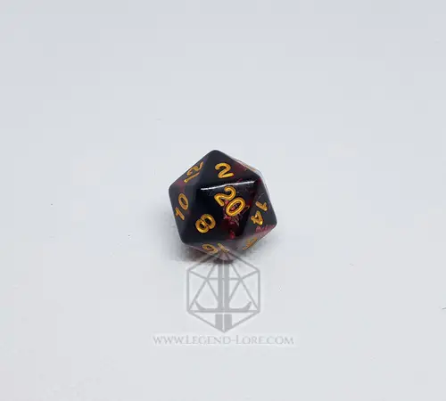 D20 del set di dadi Hell in plastica bicolore nera e rossa con numeri dorati su sfondo bianco