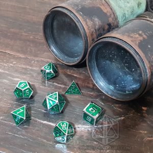 Hidden Emerald Metal Engraved Polyhedral dice set silver green 1 DME041