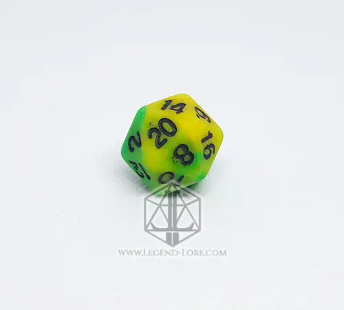 Infested Pond - RPG Dice Set 4 Single D20 from the Infested Pond dice set, opaque bicolor yellow and green with black numbers, on a white background