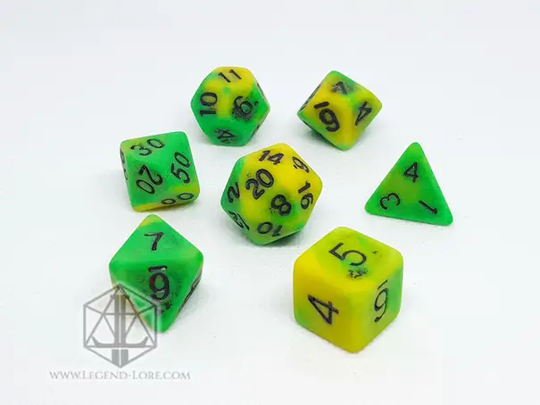Infested Pond - RPG Dice Set 3 Infested Pond set of seven polyhedral dice in opaque matte green and yellow swirl with black numbers