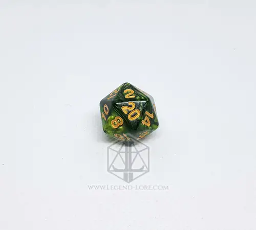 Single D20 from the Jungle RPG dice set, swirled green and dark green with gold numbers, on a white background