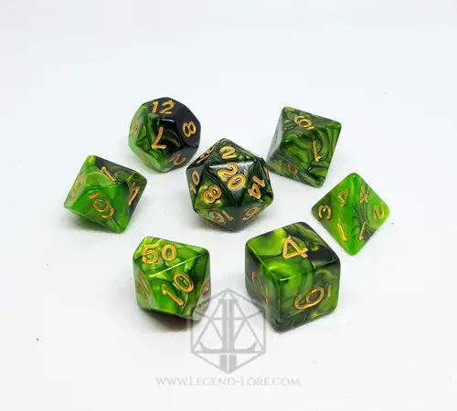 Jungle RPG dice set of seven polyhedral dice in swirled lime green and black with gold numbers on a white background