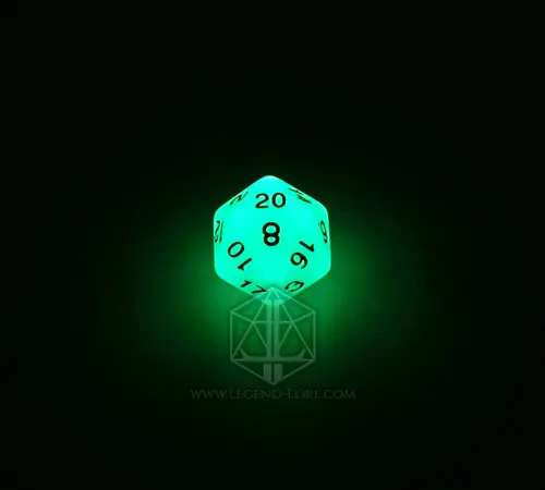 D20 del set di dadi GDR Live Ash che brilla di verde acceso al buio, numeri neri, logo Legend & Lore sotto