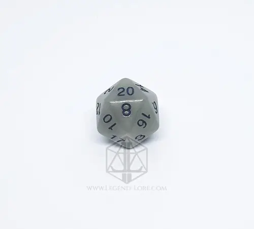 D20 grigio singolo del set di dadi Live Ash fosforescente, con numeri blu scuro su sfondo bianco