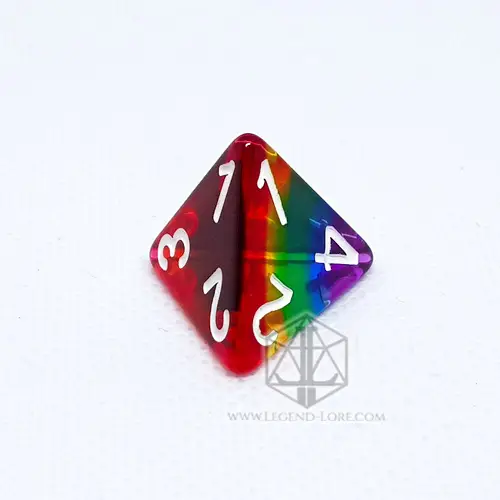 Prismatic D4 from the RPG dice set, a transparent rainbow-striped tetrahedron with white numbers on a white background