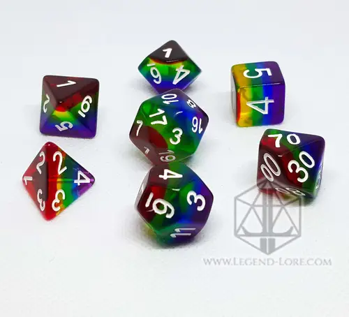 Prismatic RPG dice set: seven translucent polyhedral dice with rainbow stripes and white numbers on a white background