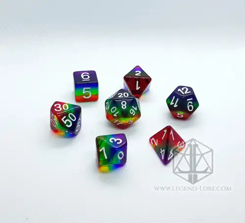 Prismatic RPG Dice Set: seven translucent rainbow-striped polyhedral dice with white numbers on a white background
