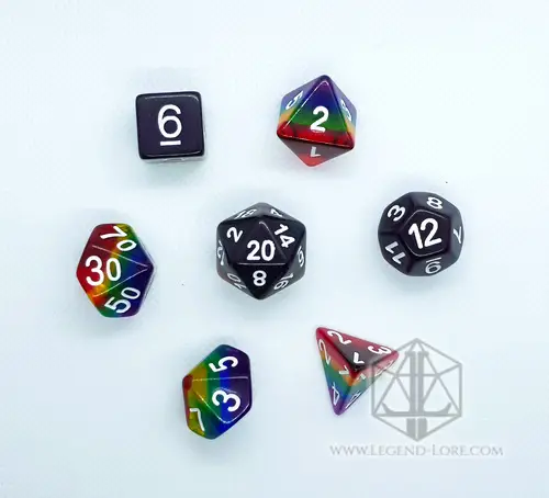 Prismatic RPG dice set of seven translucent rainbow-striped polyhedral dice with white numbers on a light background