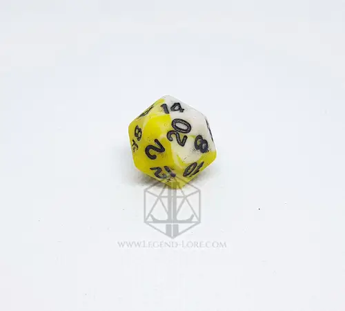 Pale Death D20 die in swirled yellow and bone white with dark antique-style numbers on a white background