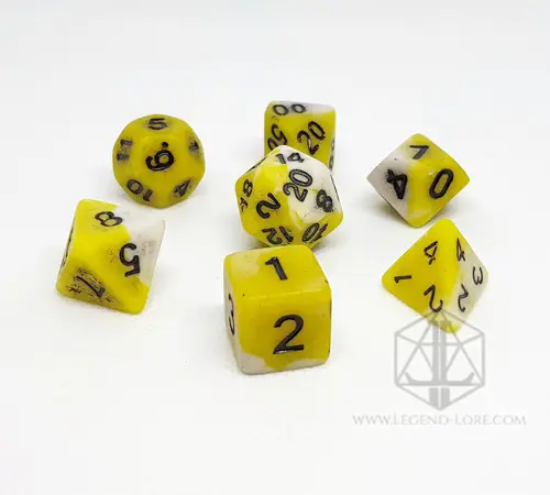 Pale Death set of seven polyhedral dice in opaque yellow and white swirl with worn black antique-style numbers