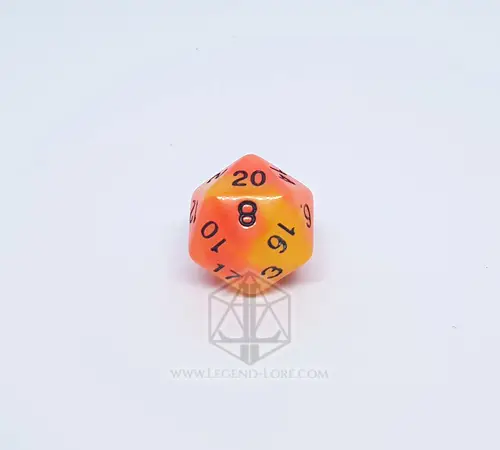 Persistent Twilight D20 from the RPG dice set, bicolor orange and yellow glow-in-the-dark die with black numbers