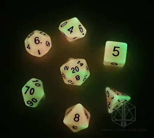 Persistent Twilight set of seven polyhedral dice glowing yellow-green and orange in the dark, with black numbers