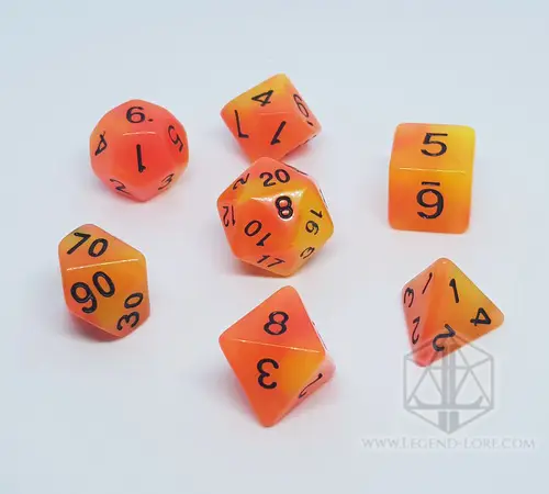 Persistent Twilight set of seven polyhedral dice in blended orange and yellow glow-in-the-dark resin with black numbers