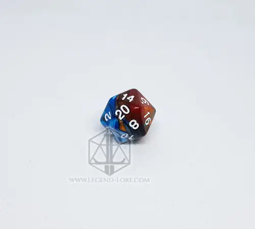 Raptor Eye D20 from an RPG dice set, swirled blue, brown and orange plastic with white numbers on a white background
