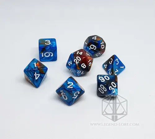 Raptor Eye RPG dice set: seven polyhedral dice swirled in blue and copper brown with white numbers on a white surface