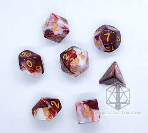 Raspberry RPG dice set: seven polyhedral dice swirled dark red and white with gold numbers on a white background
