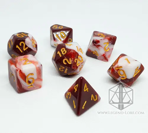 Raspberry RPG Dice Set: seven opaque polyhedral dice swirled in dark red and white with gold numbers