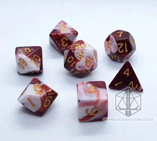 Raspberry RPG dice set: seven polyhedral dice in swirled dark red and white with gold numbers