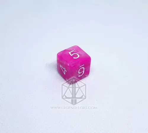 Single D6 from the Roses and Flowers RPG dice set, swirled pink and white with white numbers, on a white surface