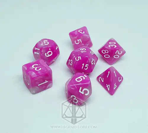 Roses and Flowers RPG dice set: seven pink and white swirled polyhedral dice with white numbers