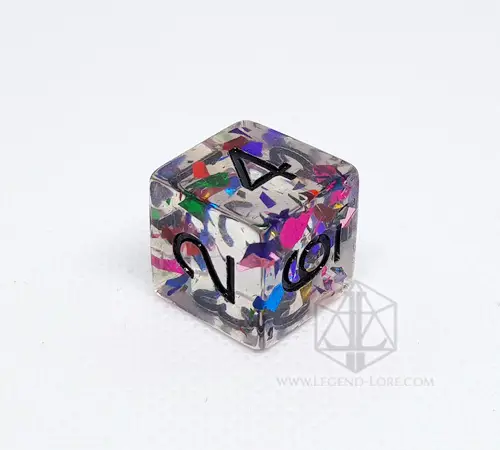 D6 Shooting Stars in resina trasparente con scaglie metallizzate rosa, blu, verdi e rosse e numeri neri