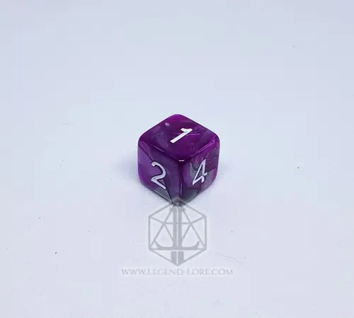 Steel Flowers D6 die in swirled purple and grey with white numbers, from the RPG dice set, on a white background