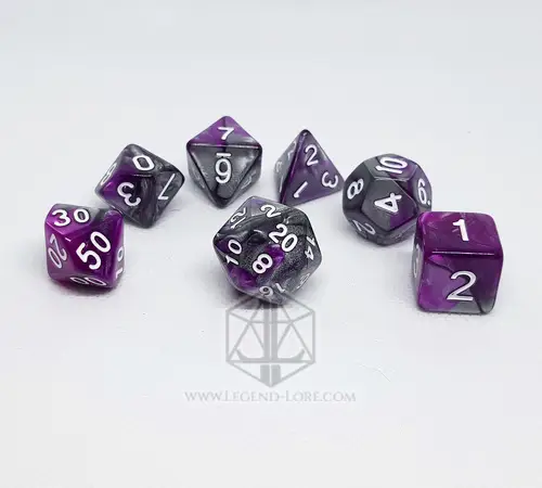 Steel Flowers RPG dice set: seven polyhedral dice swirled in purple and metallic grey with white numbers