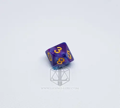 Vitriol D10 die in swirled purple and blue bicolor resin with gold numbers, from the Vitriol RPG dice set