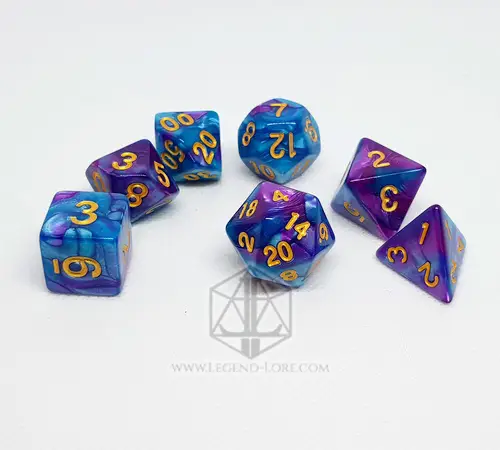 Vitriol RPG dice set: seven polyhedral dice swirled in blue and purple with gold numbers on a white background