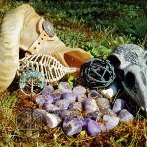 Amethyst Scales divination runes, purple stones with gold symbols on moss beside a horn, raven skull and tree of life charm
