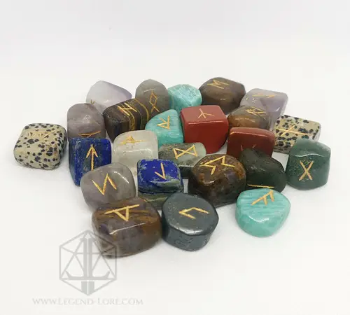 Iridescent Cornucopia divination runes: mixed gemstone stones with gold-engraved Futhark symbols in red, blue, green and grey