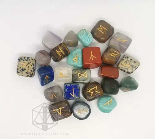 Iridescent Cornucopia divination runes: tumbled mixed gemstones like amethyst, jasper, lapis and amazonite with gold runes